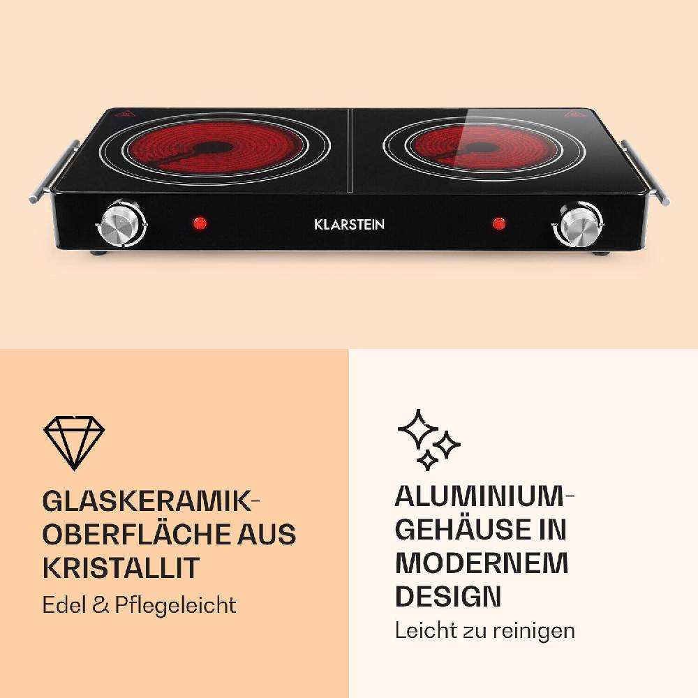 klarstein.deutschland Doppel Halogen Kochfeld 2 Platten 3000 W Glaskeramik portabel Herdplatte Schwarz Begrenzte Freigabe