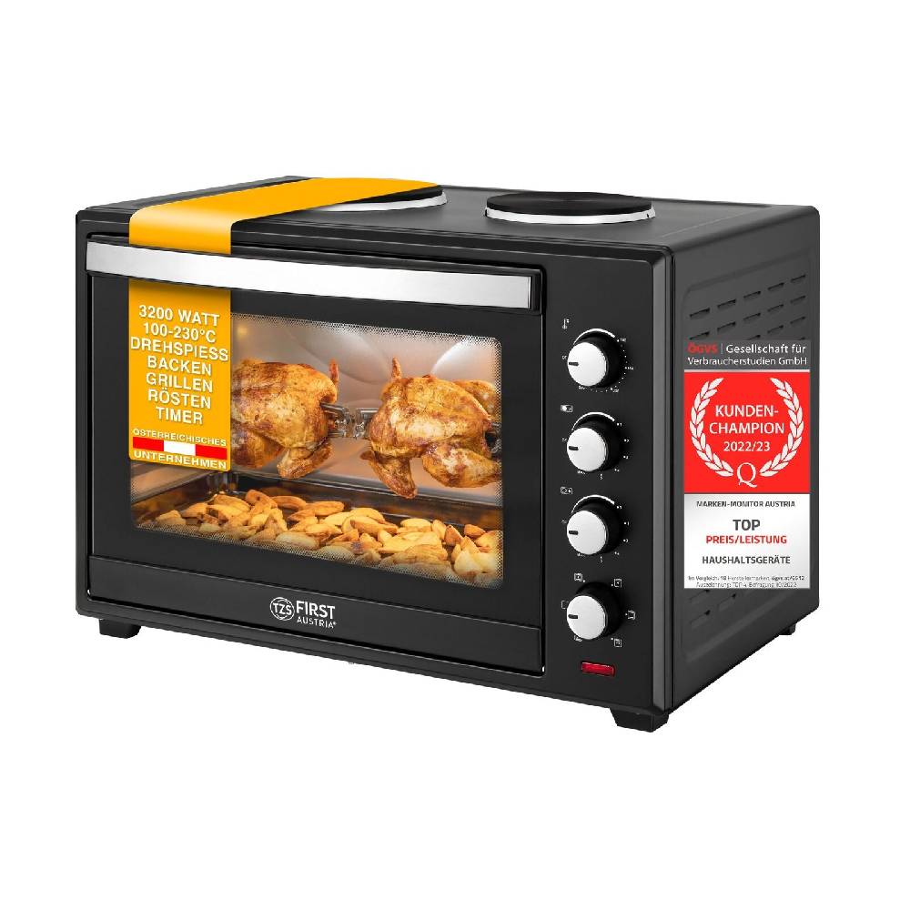 TZS First Austria Minibackofen 2in1 mit Kochplatte 60L Umluft Mini Ofen Toastofen Pizzaofen