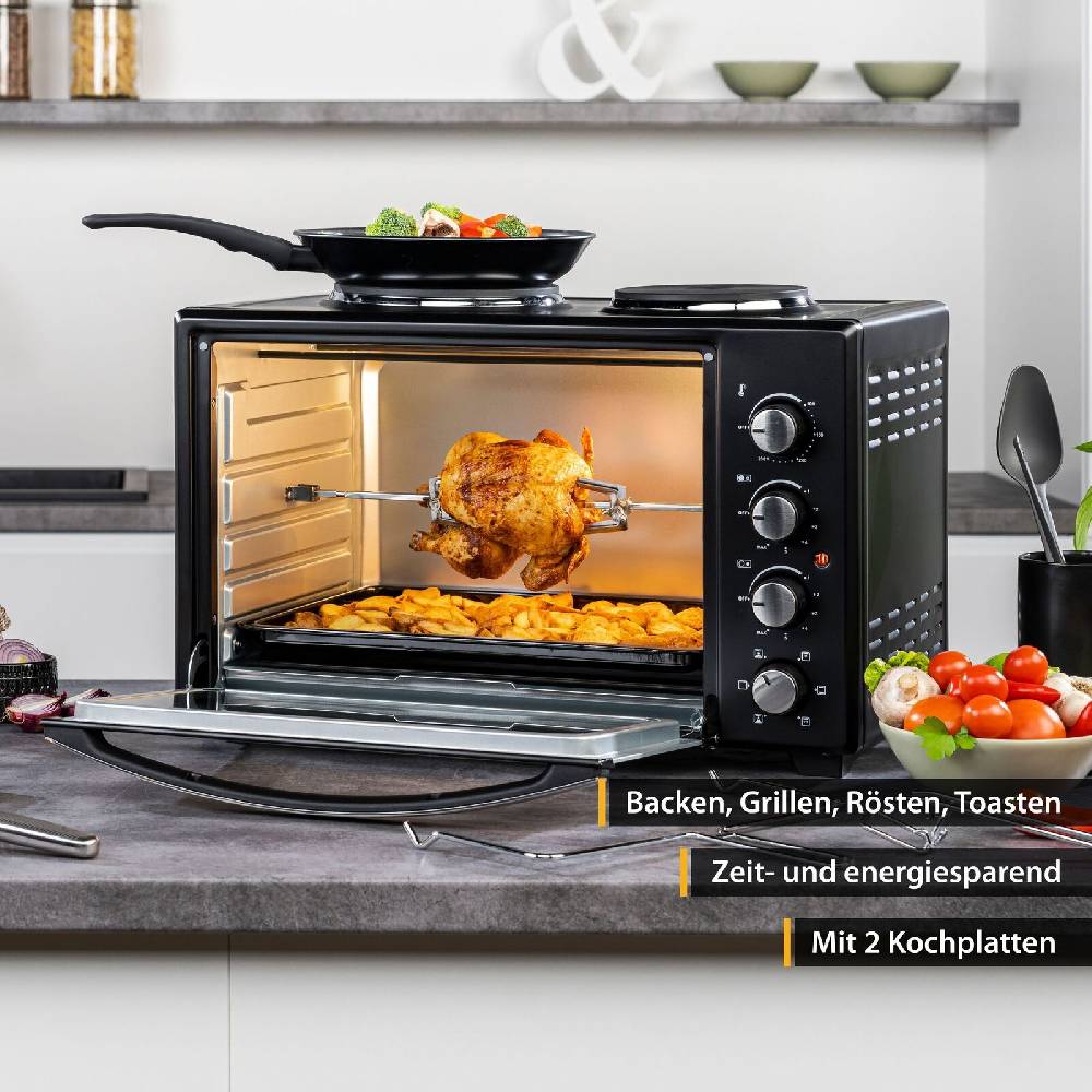 TZS First Austria Minibackofen 2in1 mit Kochplatte 60L Umluft Mini Ofen Toastofen Pizzaofen Begrenzt auf 3 Tage