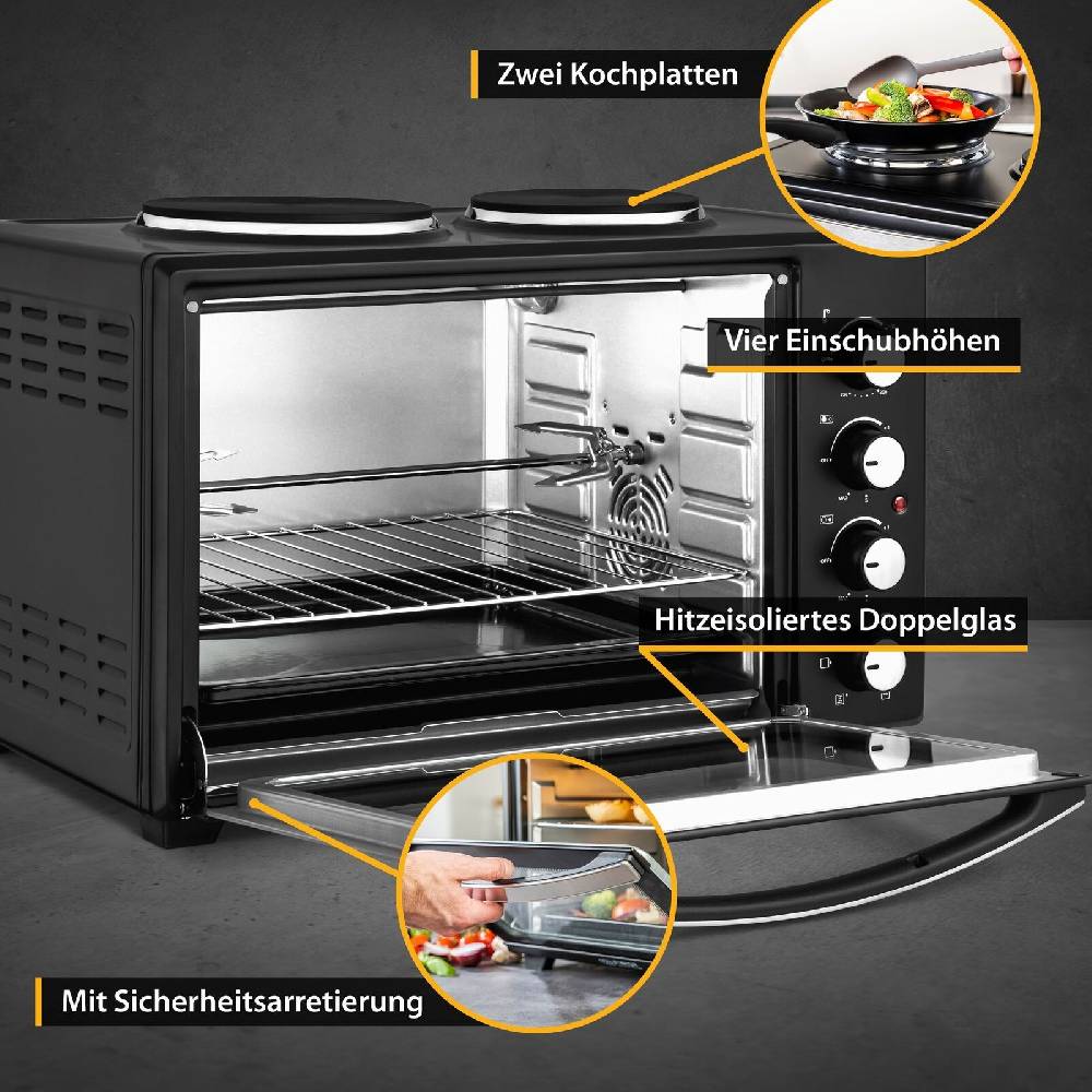 TZS First Austria Minibackofen 2in1 mit Kochplatte 60L Umluft Mini Ofen Toastofen Pizzaofen Begrenzt auf 3 Tage