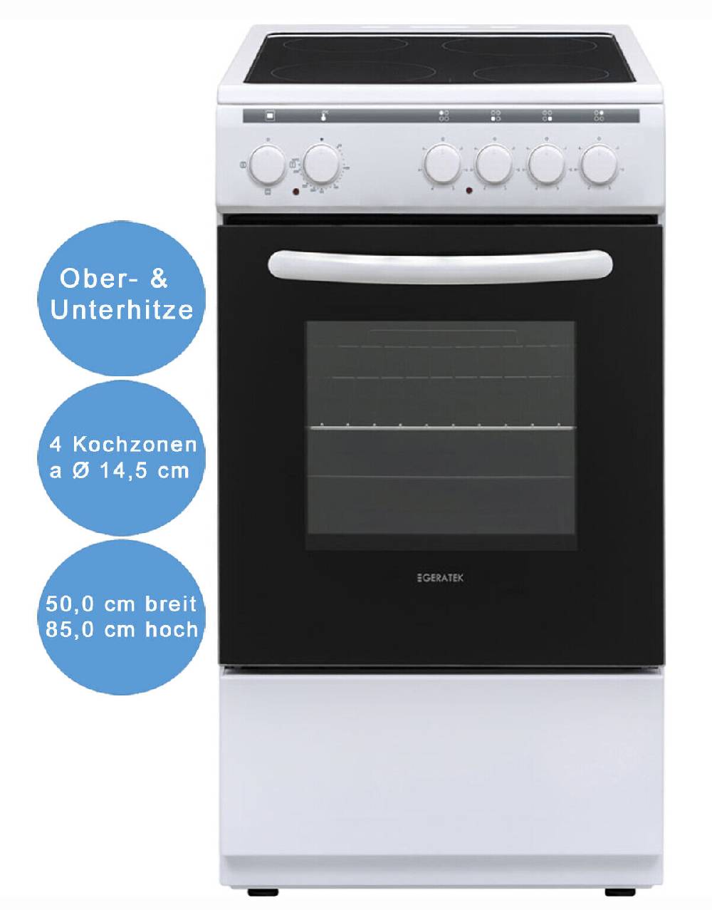 dealforless-shop Standherd 50 cm weiß Glaskeramik Kochfeld Backofen Glastür Geratek