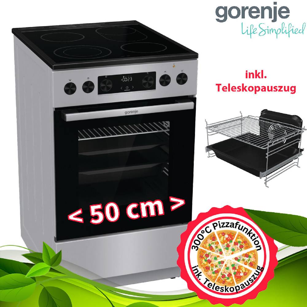 aruh_vertrieb Gorenje 50cm Standherd Elektro Backofen Kochfeld 1fach Teleskopauszug 70L Silber