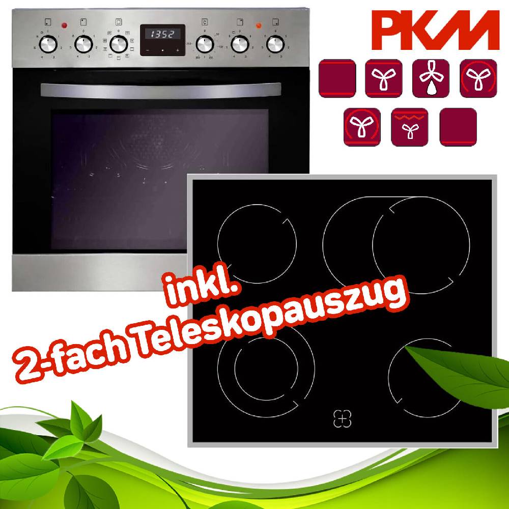 aruh_vertrieb Herdset Backofen Kochfeld Edelstahl Einbau Elektro 2fach Teleskopauszug Heißluft