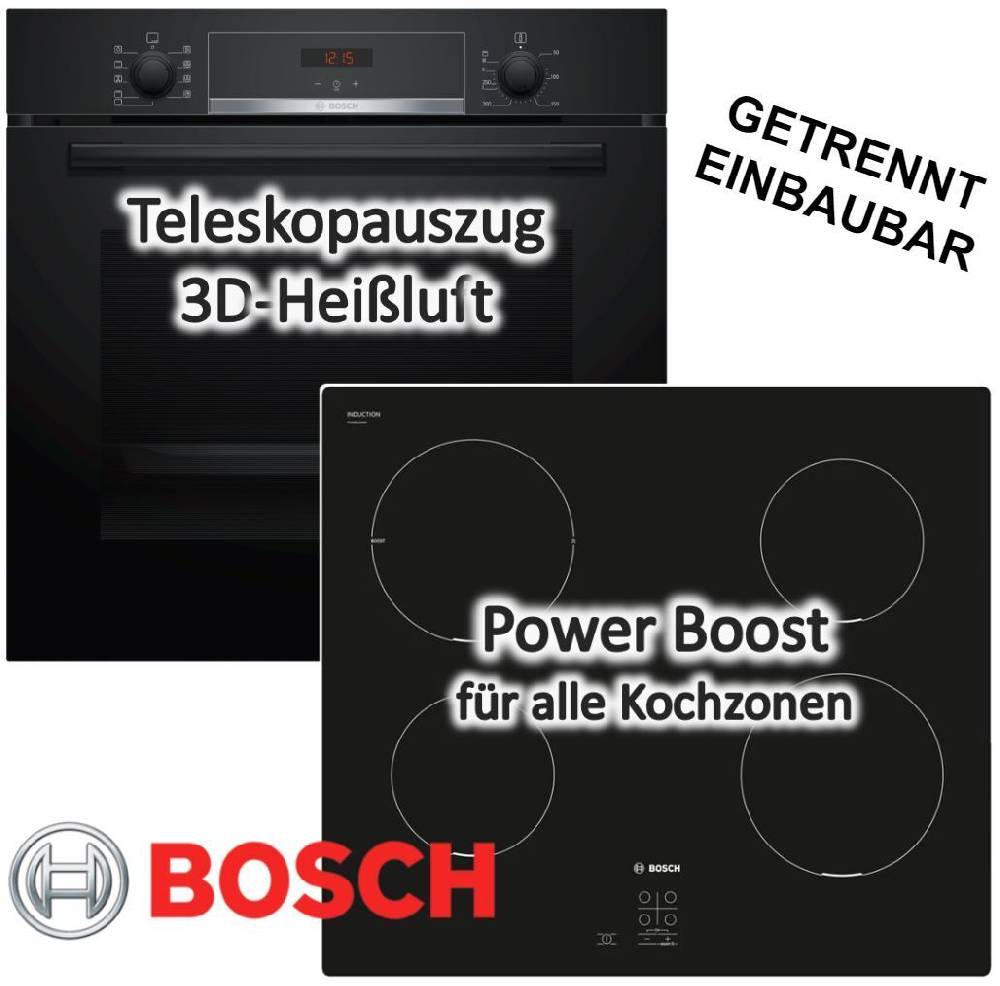 keenberk24 BOSCH INDUKTION HERD SET Backofen schwarz Teleskopauszug mit Induktions Kochfeld
