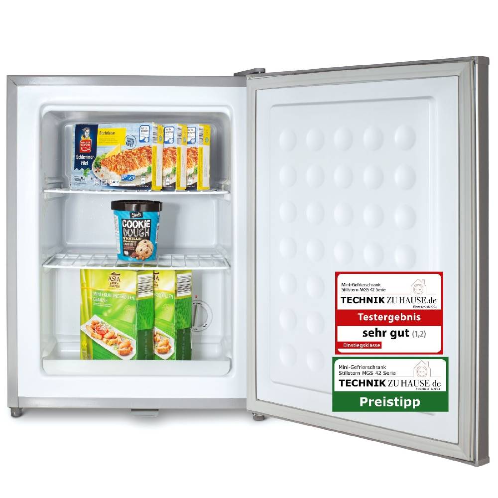 STILLSTERN Outletshop Mini-Gefrierschrank mit Schloss E 42L, 4-Sterne, Leise, Gefrierbox, Silber