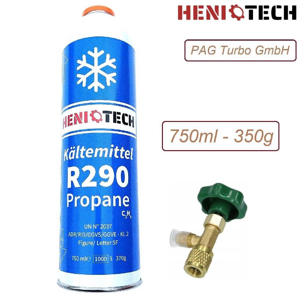 PAG Turbo GmbH Heniotech Kältemittel R290 - 370G / 750ml Propan Einwegdose optional Eckventil