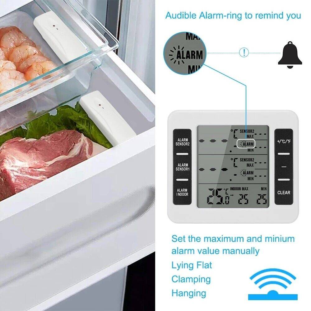 littleloaves Funk Digital Kühlschrank Thermometer Gefrierschrank Temperatur + 2 Sensor Alarm Verkauf