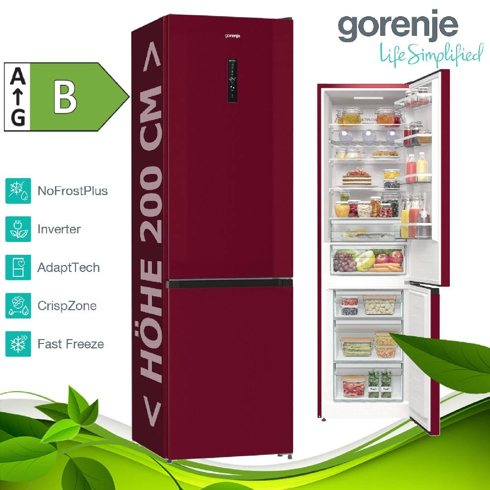 aruh_vertrieb Gorenje Kühl Gefrierkombination NoFrost Plus freistehend Kühlschrank 361L in rot