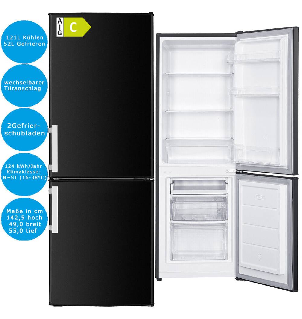 dealforless-shop Kühl-Gefrierkombination Schwarz EEK C 143 x 49 cm Kühlschrank PKM