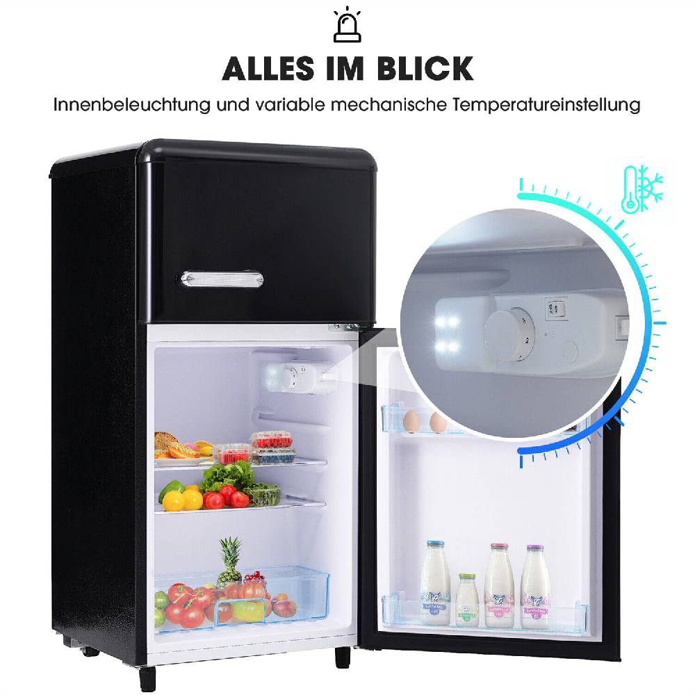 luxeliving_eu Retro Kühl Gefrierkombination freistehend LED Getränke Kühlschrank 72 L Schwarz Begrenzte Freigabe