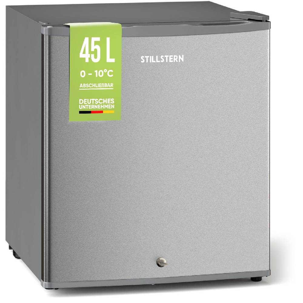 STILLSTERN Outletshop B-Ware Minikühlschrank E (45L) mit Schloss und Frostfach, Silber, Abschließbar