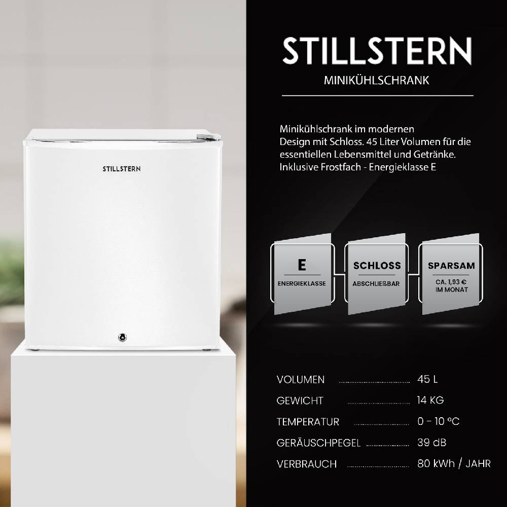 STILLSTERN Outletshop B-Ware Minikühlschrank E 45L mit Schloss und Frostfach Leise Mini Kühlschrank Tiefpreis