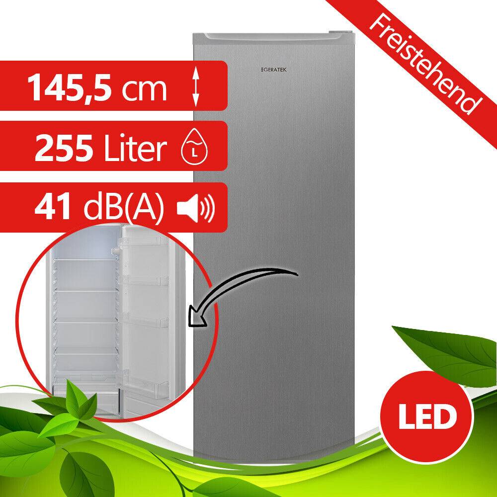 aruh_vertrieb Kühlschrank freistehend 255L Vollraum Silber Stand ohne Gefrierfach LED 145,5cm