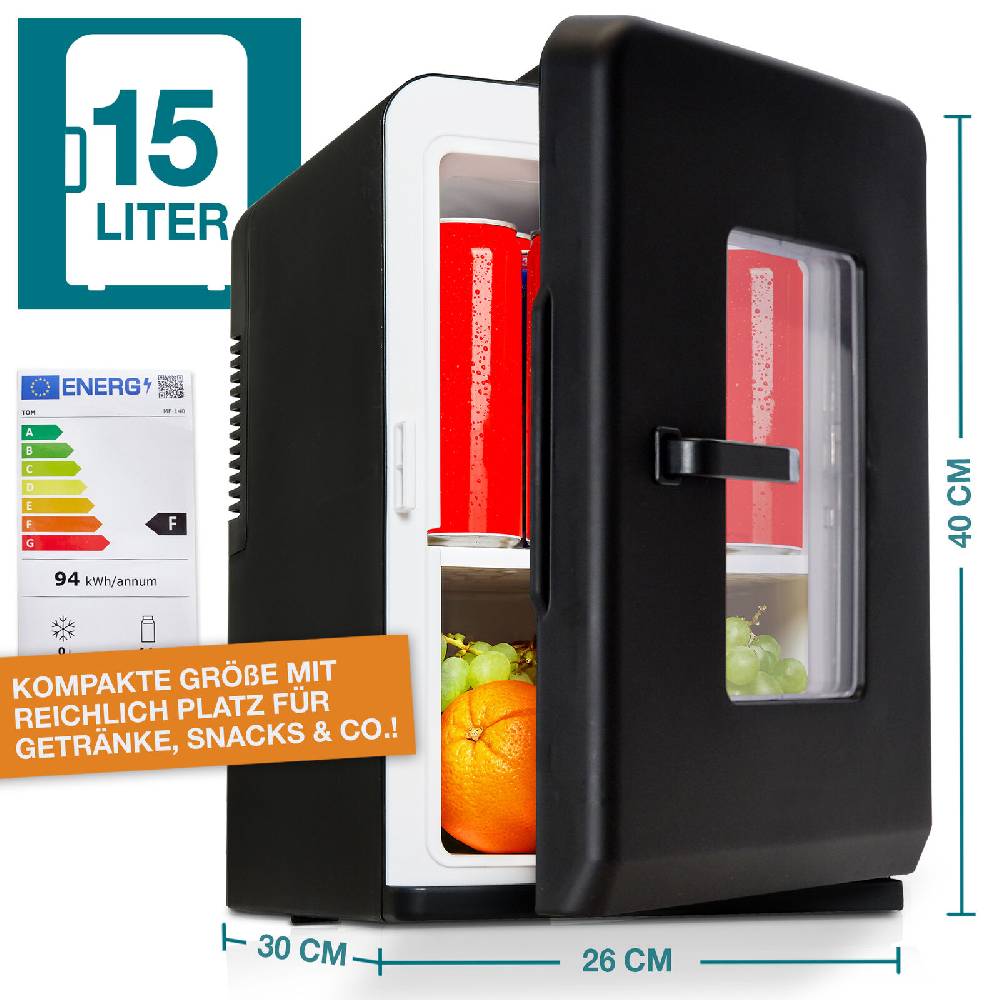 HECHT DEUTSCHLAND TOM® Mini Kühlschrank 15Liter Glastür Kühl Box Auto Bar Gefrier Schrank Camping Angebote