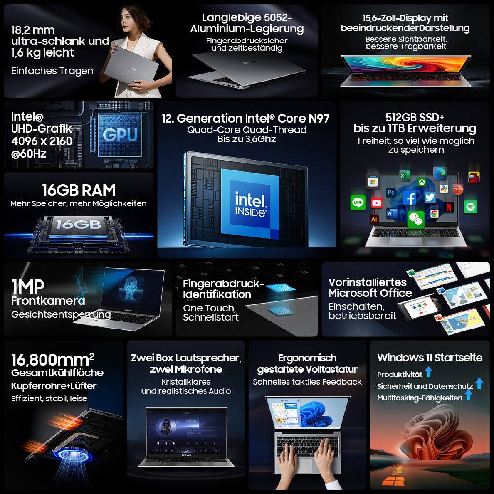 Blackview_phone Blackview Laptop 15,6Zoll Notebook 16GB DDR4 512GB SSD Intel 12th N97 3.6GHz W11 Exklusivangebot