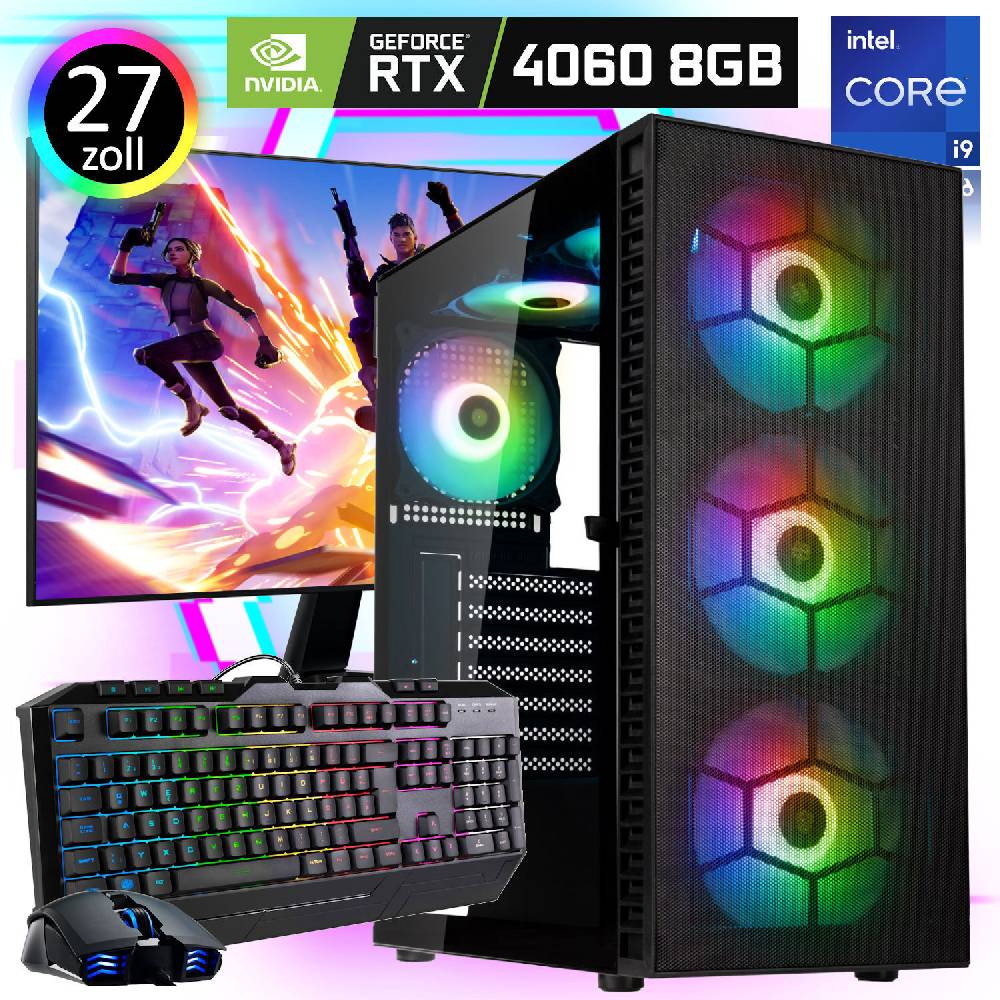 meinpc Gaming PC Gamer Sets Gaming PC Komplett Set Intel i9 11900 8x 5.2 GHz GeForce RTX 4060 Gamer 27" 2K