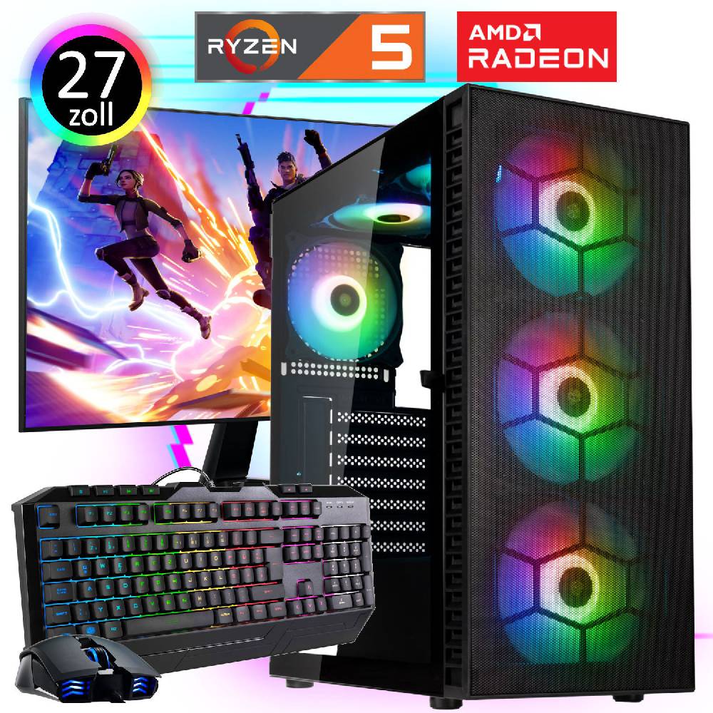 meinpc Gaming PC Gamer Sets Gaming PC Komplett Set 27" AMD Ryzen 5 5600 6x 4.4 GHz Radeon 32GB Ram RGB Gamer