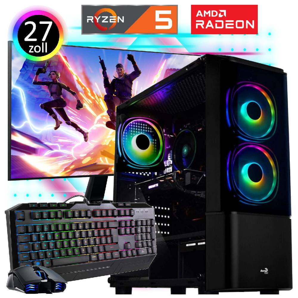 meinpc Gaming PC Gamer Sets Gaming PC Komplett Set AMD Ryzen 5 6x 4.2 Ghz Radeon Gamer 27" TFT RGB Tower SSD
