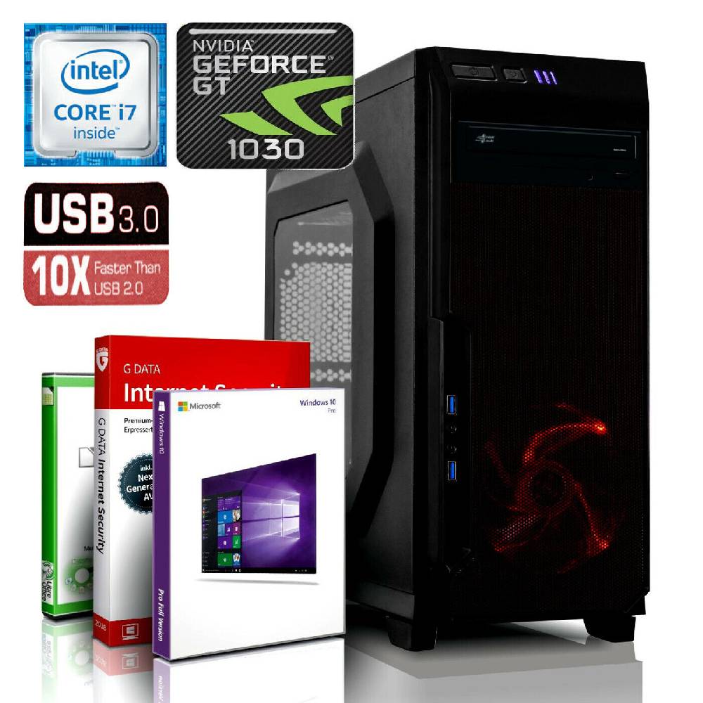 exo-gaming GAMING PC INTEL i7 24GB RAM 250GB SSD 2000GB HDD GT1030 Windows 10 WLAN Computer