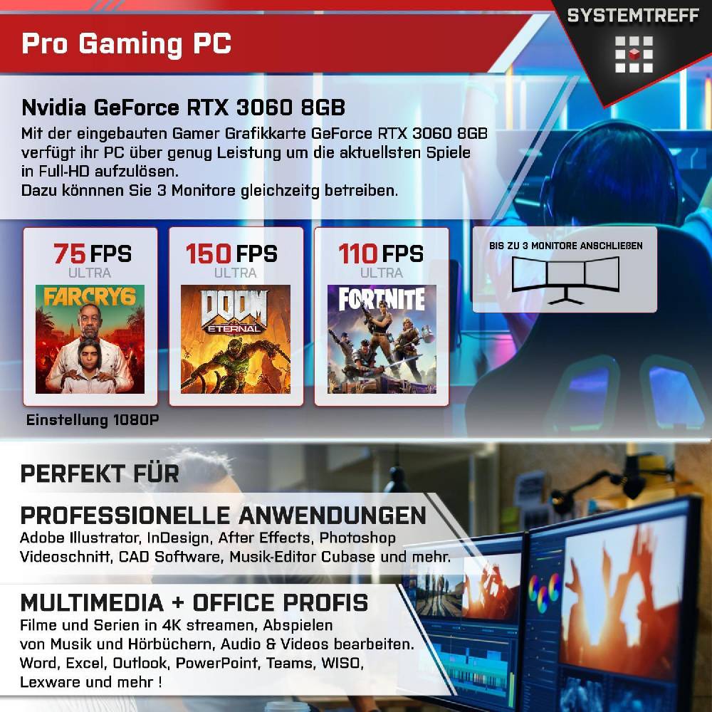 systemtreff Basic Gaming PC•AMD Ryzen 3 4100•Nvidia 3060 8GB•16GB DDR4 3600MHz•512GB NVMe Outlet
