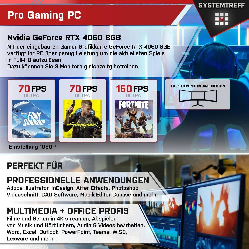systemtreff Gaming PC Set•i5-12400F•4060 8GB•16GB DDR4 3600MHz•1TB NVMe•27 Zoll TFT Neuheiten