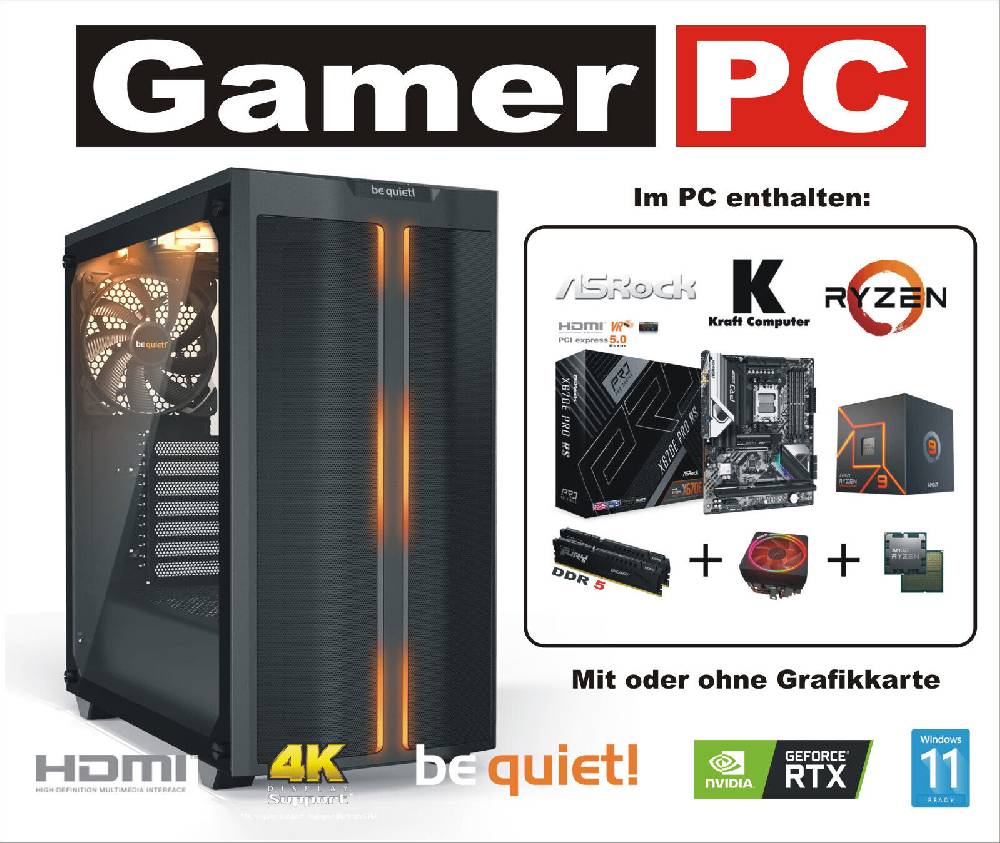 kraftcomputer Gamer PC Ryzen 9 7900 12x5,4GHz+ASRock X670E PRO R +32GB 5200MHz +1TB SSD noGPU