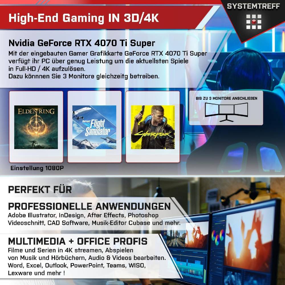 systemtreff Gaming PC•Ryzen 9 7950X3D•4070 Ti Super 16GB•32 GB DDR5 6000MHz•1TB NVMe Räumungsverkauf