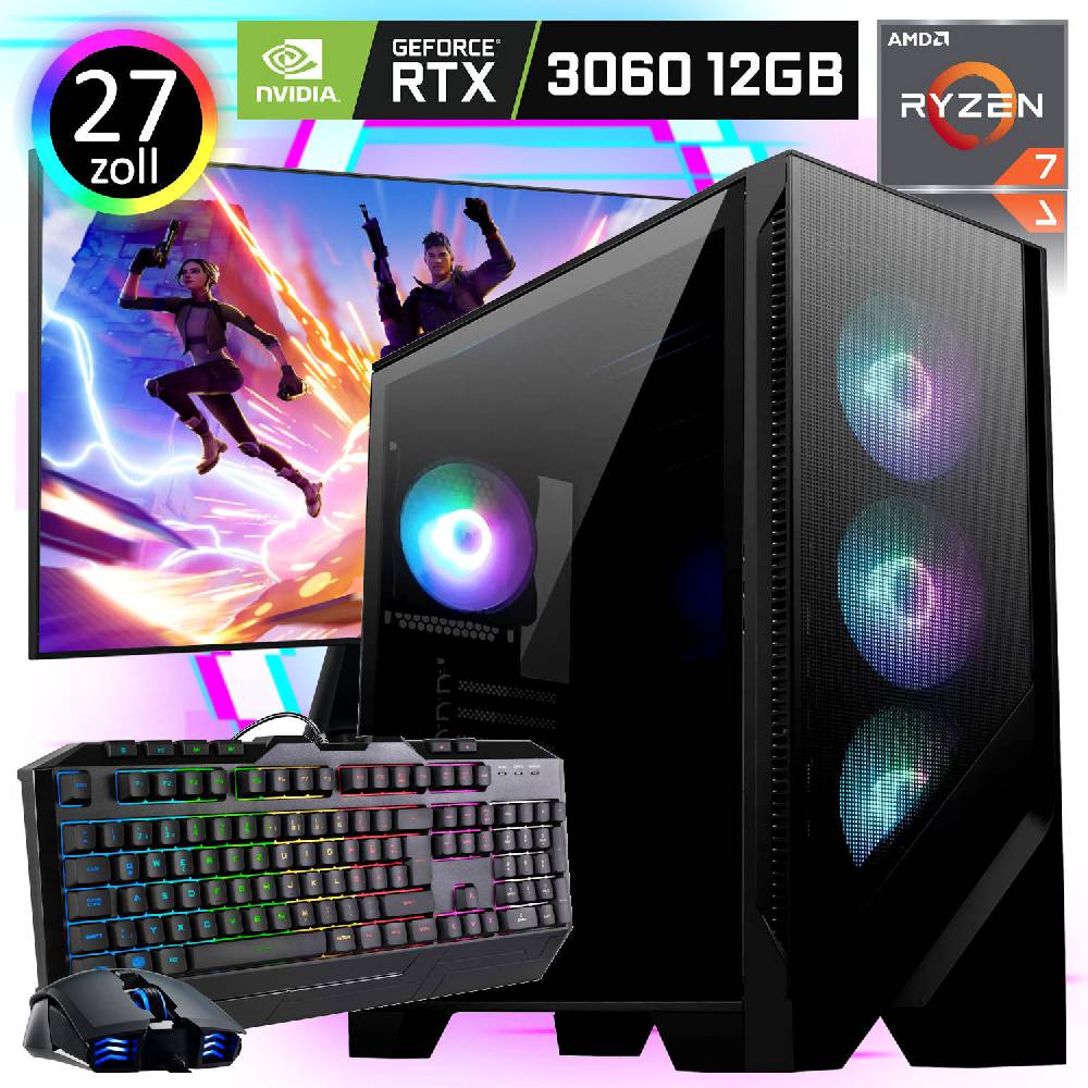 meinpc Gaming PC Gamer Sets Gaming PC Komplett Set AMD Ryzen 7 5700X 8x4.6 GHz GeForce RTX 3060 12GB 27" TFT