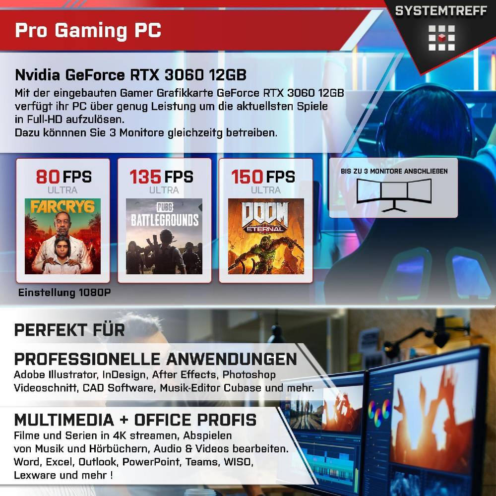 systemtreff Basic Gaming PC•Ryzen 7 5800X•Nvidia 3060 12GB•32GB DDR4 3600MHz•1TB NVMe JETZT KAUFEN