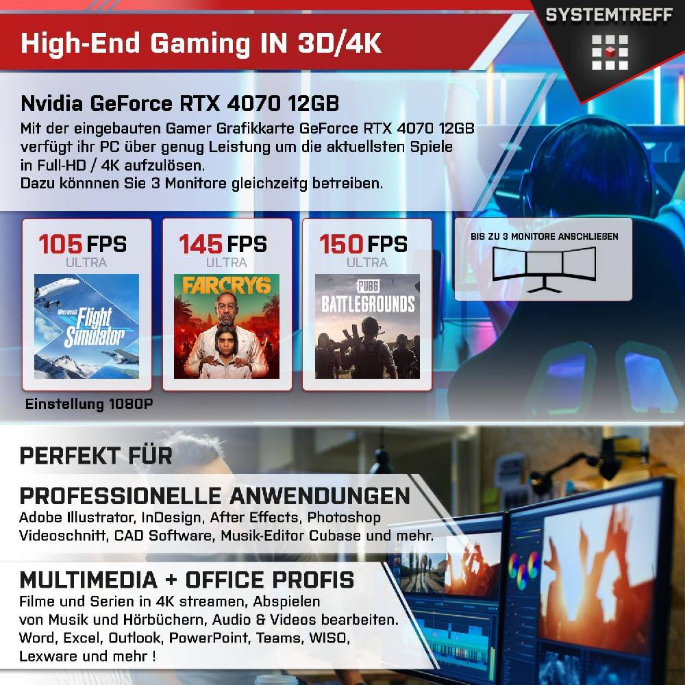 systemtreff Gaming PC•Intel i7-13700KF•Nvidia 4070 12GB•32 GB DDR5 6000MHz•1TB NVMe Kostenloser Versand international