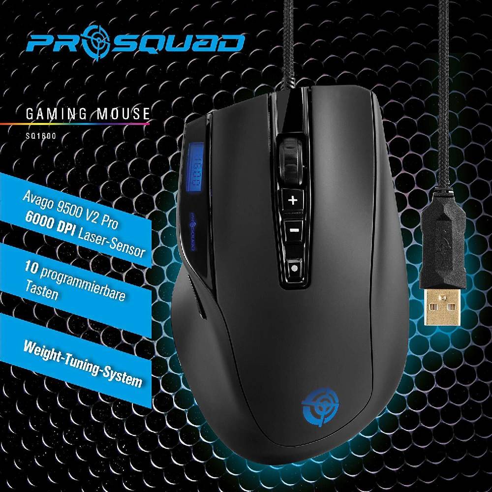 sat-chef ProSquad USB Gaming Maus 10 Tasten 6000dpi schwarz Computer PC LCD Display Licht