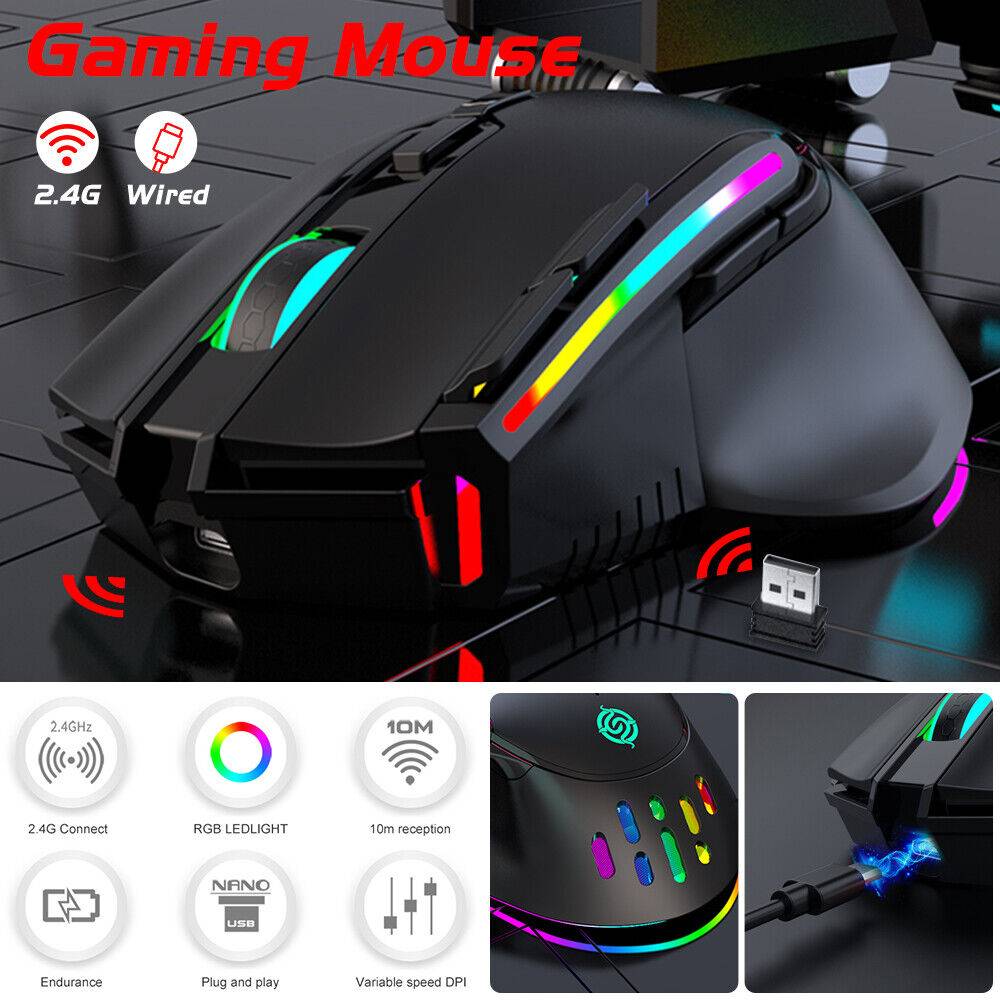 Greatseller-d RGB Gaming Maus Kabellos Wireless Mouse PC Laptop E-Sport LED USB Dual-Modus