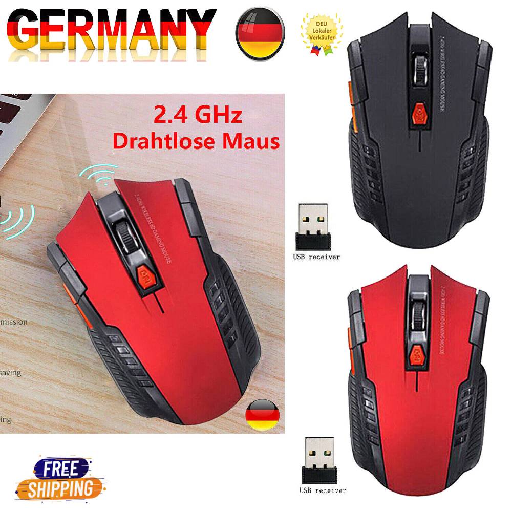 alstooper-eu Funk Maus Gaming Kabellos Wireless Mouse Für PC Laptop Schwarz Rot USB