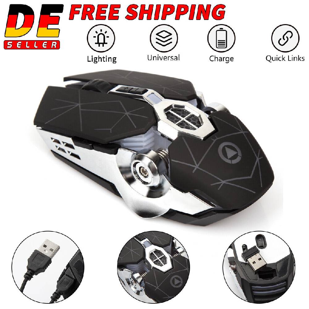 Danew2000 Gaming Maus USB Gamer Mouse PC Wireless Maus Notebook Laptop LED 2.4GHz 1800DPI